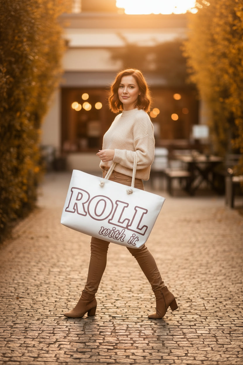 Woman walking outdoors carrying the Roll With It oversized fall weekender bag with burgundy lettering.